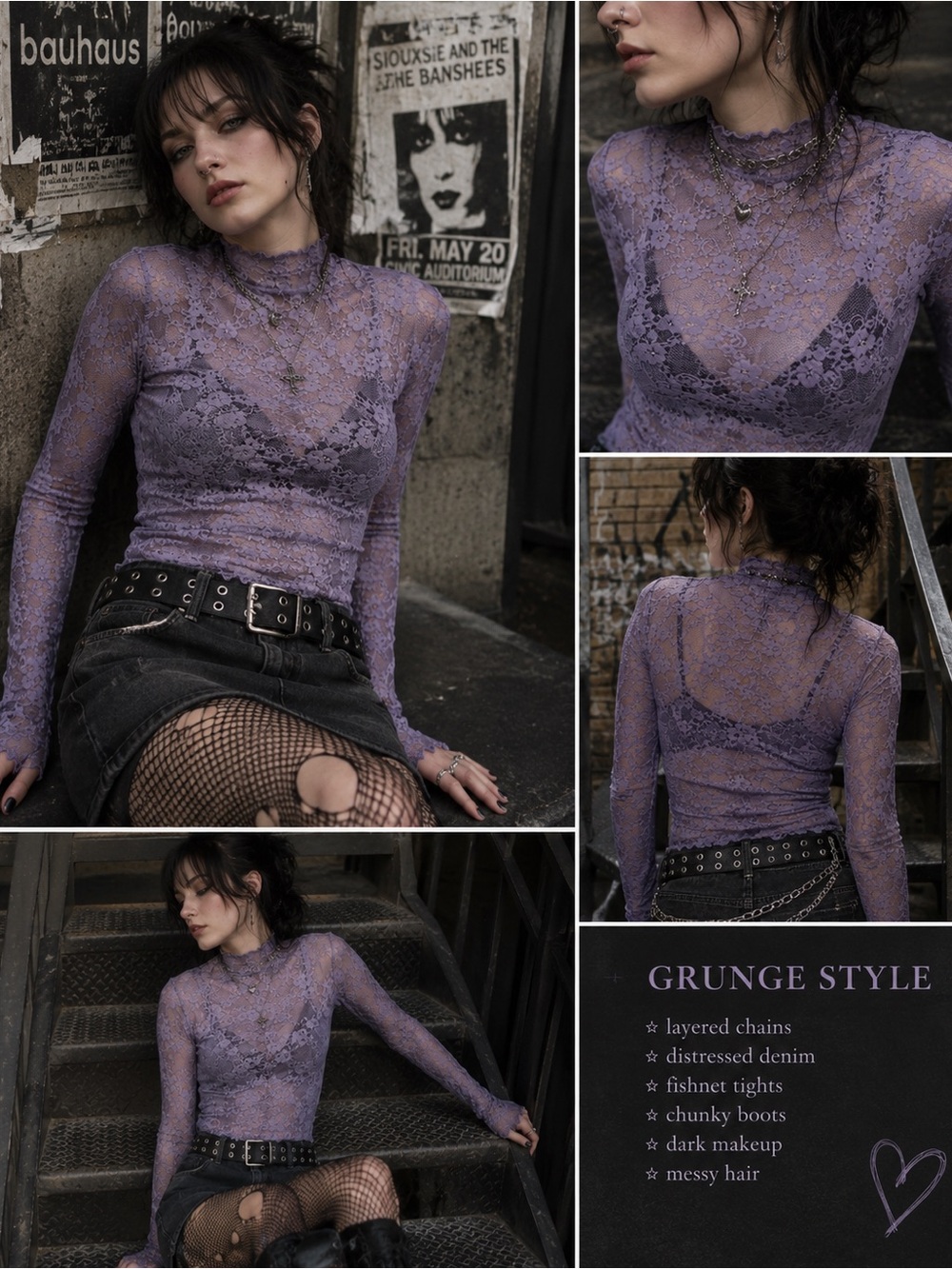 Out From Under Purple Floral Lace Mesh Mock Neck Sheer Top M Grunge Fairycore